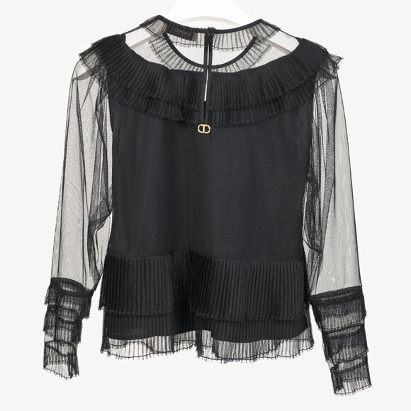 Twinset Black Pleated Flounce Tulle Blouse - Picture 3 of 12